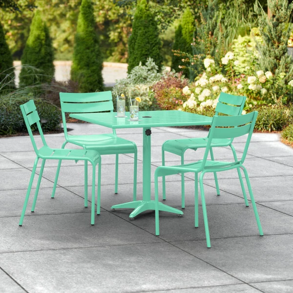 Lancaster Table & Seating 36" X 36" Seafoam Powder-Coated Aluminum Standard Height Outdoor Table With Umbrella Hole And 4 Side Chairs 1 Lancaster Table & Seating 36" X 36" Seafoam Powder-Coated Aluminum Standard Height Outdoor Table With Umbrella Hole And 4 Side Chairs