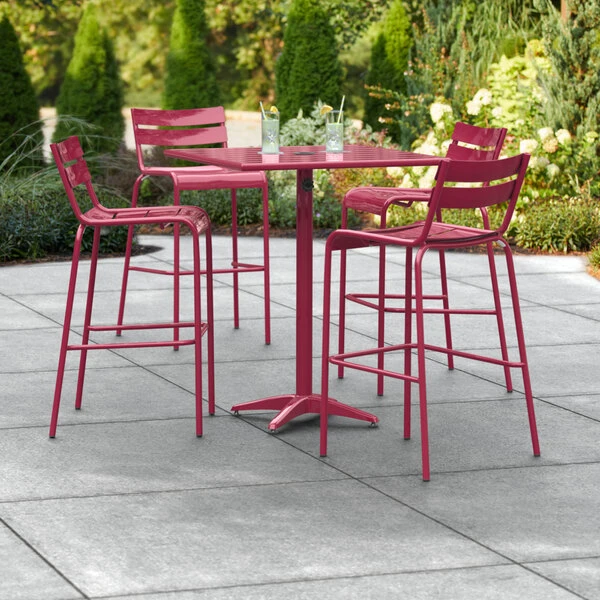 Lancaster Table & Seating 32" X 32" Sangria Powder-Coated Aluminum Bar Height Outdoor Table With Umbrella Hole And 4 Barstools 1 Lancaster Table & Seating 32" X 32" Sangria Powder-Coated Aluminum Bar Height Outdoor Table With Umbrella Hole And 4 Barstools