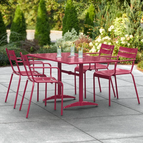 Lancaster Table & Seating 32" X 60" Sangria Powder-Coated Aluminum Standard Height Outdoor Table With Umbrella Hole And 4 Arm Chairs 1 Lancaster Table & Seating 32" X 60" Sangria Powder-Coated Aluminum Standard Height Outdoor Table With Umbrella Hole And 4 Arm Chairs