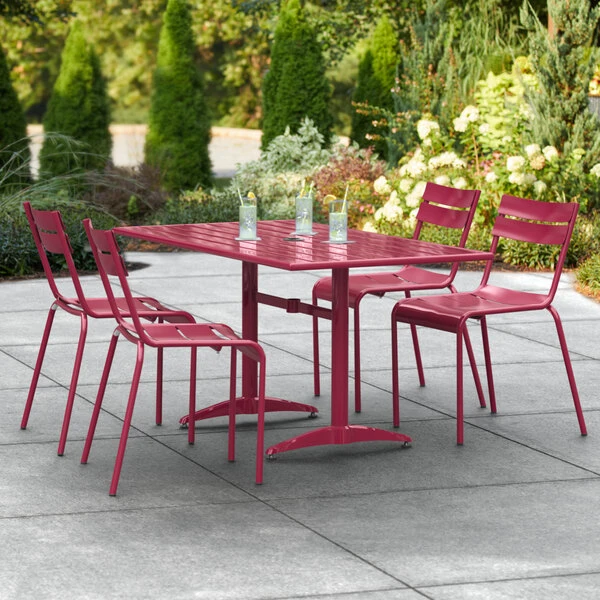 Lancaster Table & Seating 32" X 60" Sangria Powder-Coated Aluminum Standard Height Outdoor Table With Umbrella Hole And 4 Side Chairs 1 Lancaster Table & Seating 32" X 60" Sangria Powder-Coated Aluminum Standard Height Outdoor Table With Umbrella Hole And 4 Side Chairs