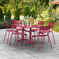 Lancaster Table & Seating 32" X 60" Sangria Powder-Coated Aluminum Standard Height Outdoor Table With Umbrella Hole And 6 Side Chairs