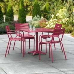 Lancaster Table & Seating 36" X 36" Sangria Powder-Coated Aluminum Standard Height Outdoor Table With Umbrella Hole And 4 Arm Chairs