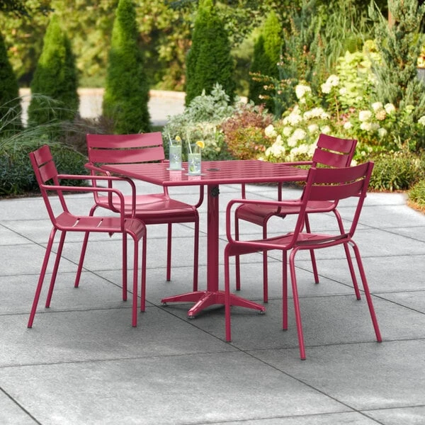 Lancaster Table & Seating 36" X 36" Sangria Powder-Coated Aluminum Standard Height Outdoor Table With Umbrella Hole And 4 Arm Chairs 1 Lancaster Table & Seating 36" X 36" Sangria Powder-Coated Aluminum Standard Height Outdoor Table With Umbrella Hole And 4 Arm Chairs