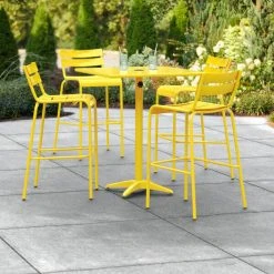 Lancaster Table & Seating 32" X 32" Yellow Powder-Coated Aluminum Bar Height Outdoor Table With Umbrella Hole And 4 Barstools