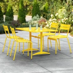 Lancaster Table & Seating 32" X 48" Yellow Powder-Coated Aluminum Standard Height Outdoor Table With Umbrella Hole And 4 Side Chairs