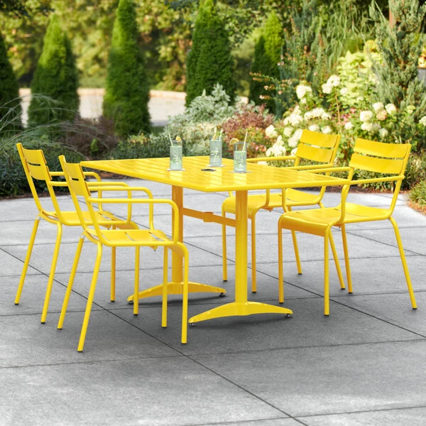 Lancaster Table & Seating 32" X 60" Yellow Powder-Coated Aluminum Standard Height Outdoor Table With Umbrella Hole And 4 Arm Chairs 1 Lancaster Table & Seating 32" X 60" Yellow Powder-Coated Aluminum Standard Height Outdoor Table With Umbrella Hole And 4 Arm Chairs