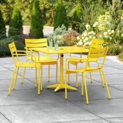 Lancaster Table & Seating 36" X 36" Yellow Powder-Coated Aluminum Standard Height Outdoor Table With Umbrella Hole And 4 Arm Chairs