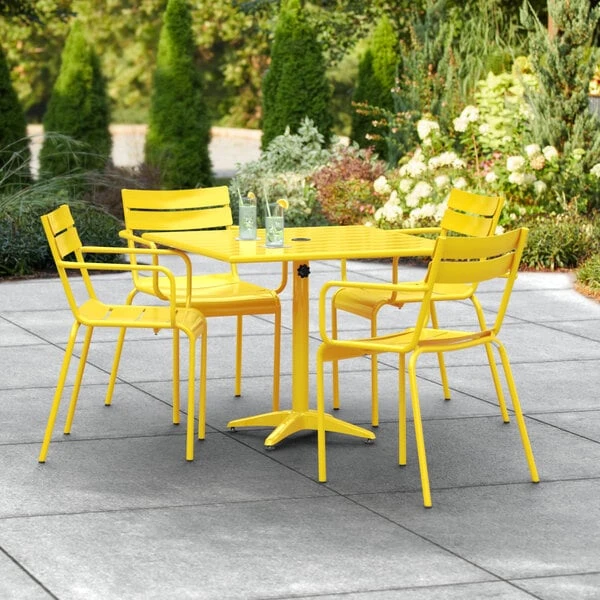 Lancaster Table & Seating 36" X 36" Yellow Powder-Coated Aluminum Standard Height Outdoor Table With Umbrella Hole And 4 Arm Chairs 1 Lancaster Table & Seating 36" X 36" Yellow Powder-Coated Aluminum Standard Height Outdoor Table With Umbrella Hole And 4 Arm Chairs