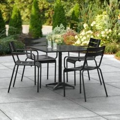 Lancaster Table & Seating 36" X 36" Black Powder-Coated Aluminum Standard Height Outdoor Table With Umbrella Hole And 4 Arm Chairs