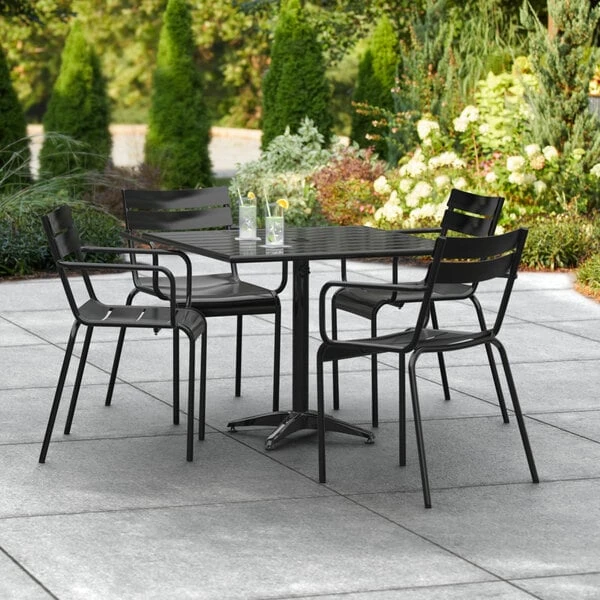 Lancaster Table & Seating 36" X 36" Black Powder-Coated Aluminum Standard Height Outdoor Table With Umbrella Hole And 4 Arm Chairs 1 Lancaster Table & Seating 36" X 36" Black Powder-Coated Aluminum Standard Height Outdoor Table With Umbrella Hole And 4 Arm Chairs