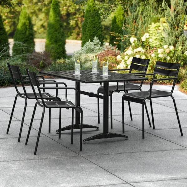 Lancaster Table & Seating 32" X 48" Black Powder-Coated Aluminum Standard Height Outdoor Table With Umbrella Hole And 4 Arm Chairs 1 Lancaster Table & Seating 32" X 48" Black Powder-Coated Aluminum Standard Height Outdoor Table With Umbrella Hole And 4 Arm Chairs