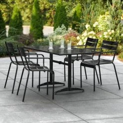 Lancaster Table & Seating 32" X 60" Black Powder-Coated Aluminum Standard Height Outdoor Table With Umbrella Hole And 4 Arm Chairs