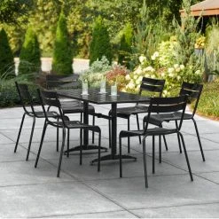 Lancaster Table & Seating 32" X 60" Black Powder-Coated Aluminum Standard Height Outdoor Table With Umbrella Hole And 6 Side Chairs