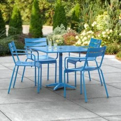 Lancaster Table & Seating 36" X 36" Blue Powder-Coated Aluminum Dining Height Outdoor Table With Umbrella Hole And 4 Arm Chairs