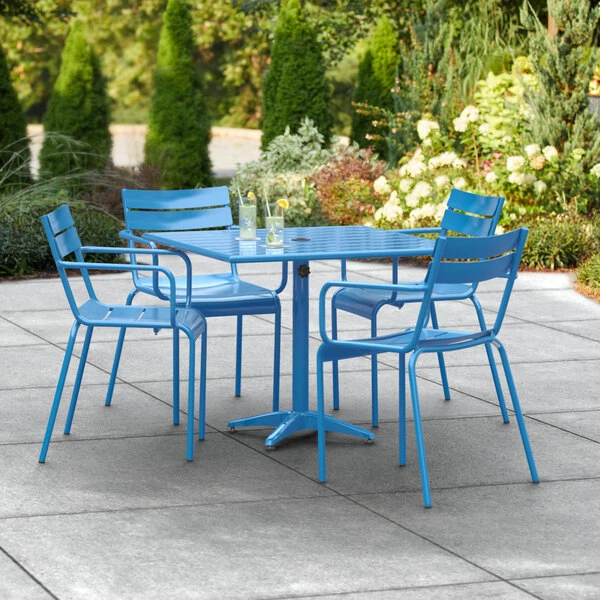 Lancaster Table & Seating 36" X 36" Blue Powder-Coated Aluminum Dining Height Outdoor Table With Umbrella Hole And 4 Arm Chairs 1 Lancaster Table & Seating 36" X 36" Blue Powder-Coated Aluminum Dining Height Outdoor Table With Umbrella Hole And 4 Arm Chairs