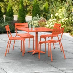 Lancaster Table & Seating 36" X 36" Orange Powder-Coated Aluminum Standard Height Outdoor Table With Umbrella Hole And 4 Side Chairs