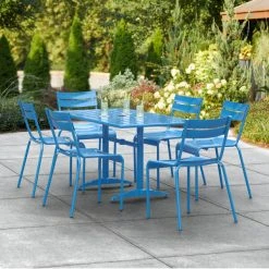 Lancaster Table & Seating 32" X 60" Blue Powder-Coated Aluminum Dining Height Outdoor Table With Umbrella Hole And 6 Side Chairs
