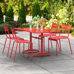 Lancaster Table & Seating 32" X 60" Red Powder-Coated Aluminum Dining Height Outdoor Table With Umbrella Hole