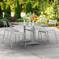 Lancaster Table & Seating 32" X 60" Silver Powder-Coated Aluminum Dining Height Outdoor Table With Umbrella Hole