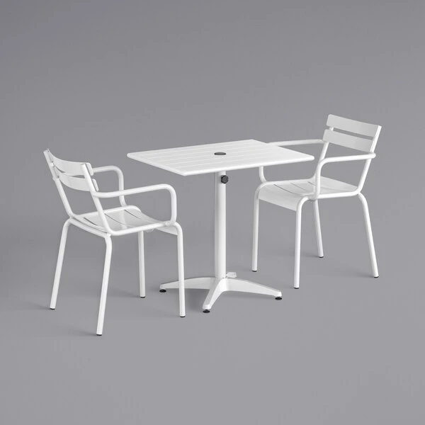 Lancaster Table & Seating 24" X 32" White Powder-Coated Aluminum Dining Height Outdoor Table With Umbrella Hole And 2 Arm Chairs 2 Lancaster Table & Seating 24" X 32" White Powder-Coated Aluminum Dining Height Outdoor Table With Umbrella Hole And 2 Arm Chairs - Image 2