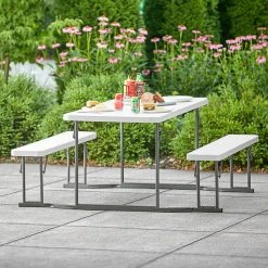 Lancaster Table & Seating 30" X 71" Rectangular White Plastic Folding Picnic Table With Attached Benches