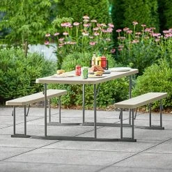 Lancaster Table & Seating 30" X 71" Rectangular Brown Faux Wood Folding Picnic Table With Attached Benches