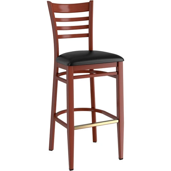 LT&S Spartan Series Lancaster Table & Seating Spartan Series Bar Height Metal Ladder Back Chair With Mahogany Wood Grain Finish And Black Vinyl Seat 2 LT&S Spartan Series Lancaster Table & Seating Spartan Series Bar Height Metal Ladder Back Chair With Mahogany Wood Grain Finish And Black Vinyl Seat - Image 2
