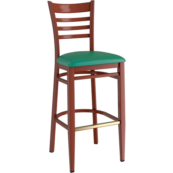 LT&S Spartan Series Lancaster Table & Seating Spartan Series Bar Height Metal Ladder Back Chair With Mahogany Wood Grain Finish And Green Vinyl Seat 2 LT&S Spartan Series Lancaster Table & Seating Spartan Series Bar Height Metal Ladder Back Chair With Mahogany Wood Grain Finish And Green Vinyl Seat - Image 2