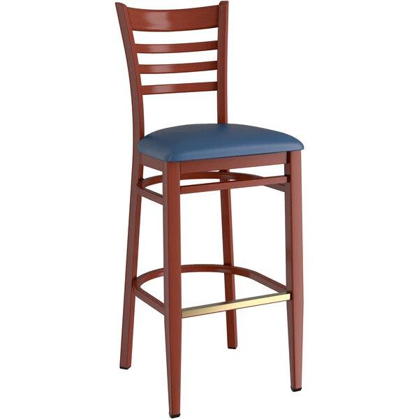 LT&S Spartan Series Lancaster Table & Seating Spartan Series Bar Height Metal Ladder Back Chair With Mahogany Wood Grain Finish And Navy Vinyl Seat 2 LT&S Spartan Series Lancaster Table & Seating Spartan Series Bar Height Metal Ladder Back Chair With Mahogany Wood Grain Finish And Navy Vinyl Seat - Image 2