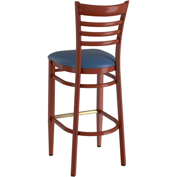 LT&S Spartan Series Lancaster Table & Seating Spartan Series Bar Height Metal Ladder Back Chair With Mahogany Wood Grain Finish And Navy Vinyl Seat 3 LT&S Spartan Series Lancaster Table & Seating Spartan Series Bar Height Metal Ladder Back Chair With Mahogany Wood Grain Finish And Navy Vinyl Seat - Image 3