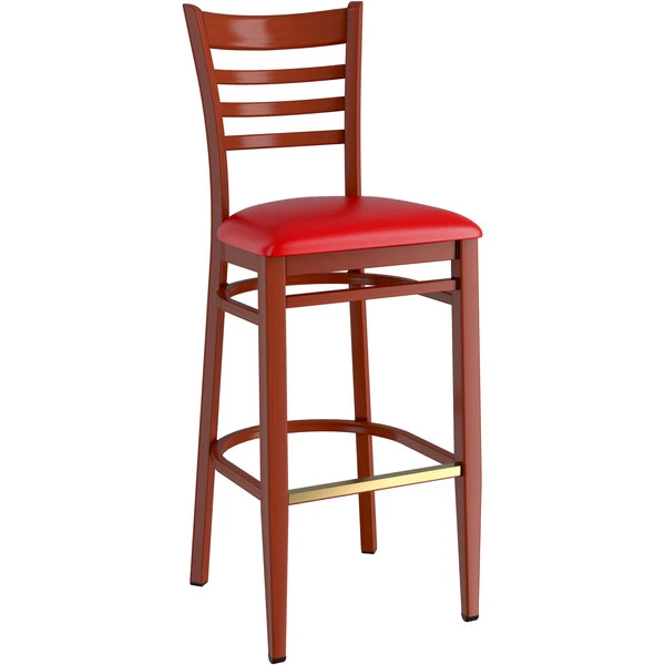 LT&S Spartan Series Lancaster Table & Seating Spartan Series Bar Height Metal Ladder Back Chair With Mahogany Wood Grain Finish And Red Vinyl Seat 2 LT&S Spartan Series Lancaster Table & Seating Spartan Series Bar Height Metal Ladder Back Chair With Mahogany Wood Grain Finish And Red Vinyl Seat - Image 2