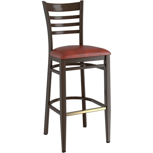 LT&S Spartan Series Lancaster Table & Seating Spartan Series Bar Height Metal Ladder Back Chair With Walnut Wood Grain Finish And Burgundy Vinyl Seat 2 LT&S Spartan Series Lancaster Table & Seating Spartan Series Bar Height Metal Ladder Back Chair With Walnut Wood Grain Finish And Burgundy Vinyl Seat - Image 2