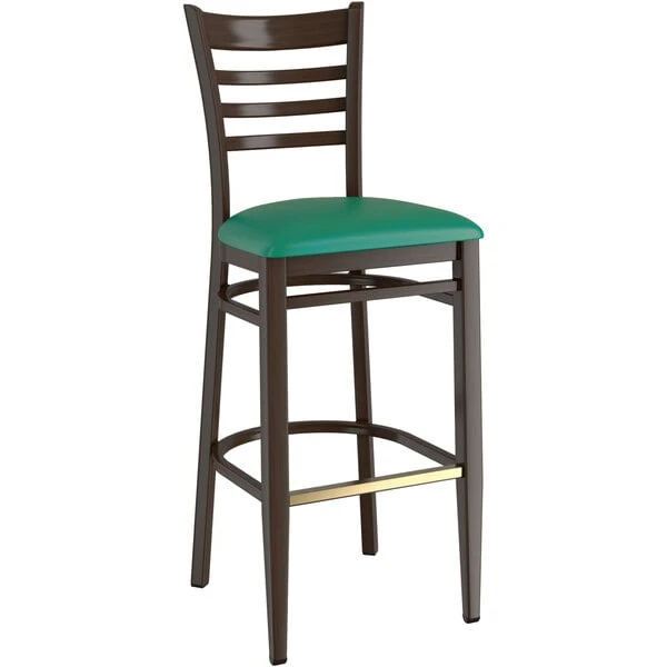 LT&S Spartan Series Lancaster Table & Seating Spartan Series Bar Height Metal Ladder Back Chair With Walnut Wood Grain Finish And Green Vinyl Seat 2 LT&S Spartan Series Lancaster Table & Seating Spartan Series Bar Height Metal Ladder Back Chair With Walnut Wood Grain Finish And Green Vinyl Seat - Image 2