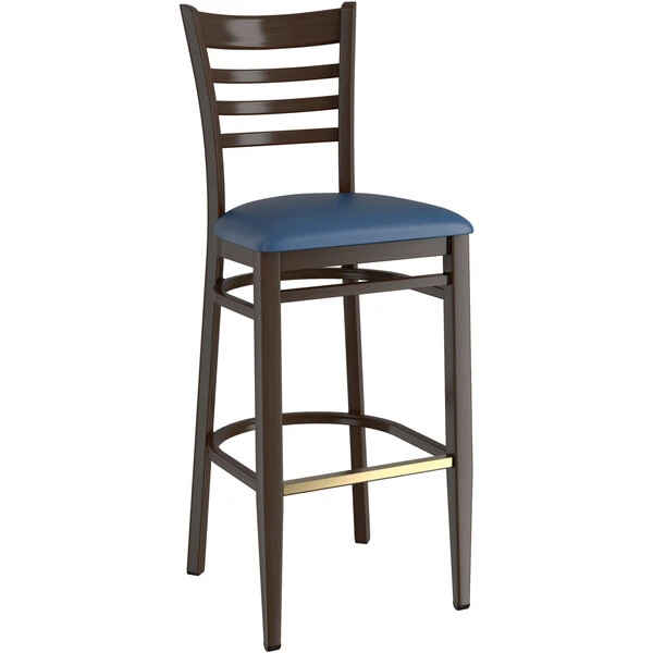 LT&S Spartan Series Lancaster Table & Seating Spartan Series Bar Height Metal Ladder Back Chair With Walnut Wood Grain Finish And Navy Vinyl Seat 2 LT&S Spartan Series Lancaster Table & Seating Spartan Series Bar Height Metal Ladder Back Chair With Walnut Wood Grain Finish And Navy Vinyl Seat - Image 2
