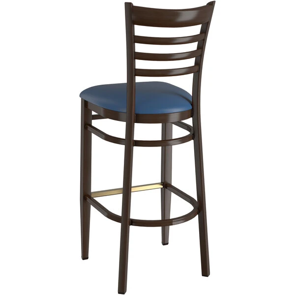 LT&S Spartan Series Lancaster Table & Seating Spartan Series Bar Height Metal Ladder Back Chair With Walnut Wood Grain Finish And Navy Vinyl Seat 3 LT&S Spartan Series Lancaster Table & Seating Spartan Series Bar Height Metal Ladder Back Chair With Walnut Wood Grain Finish And Navy Vinyl Seat - Image 3