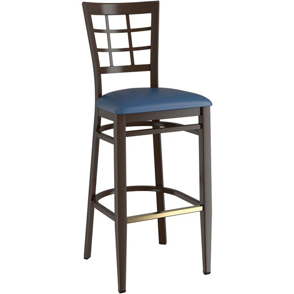 LT&S Spartan Series Lancaster Table & Seating Spartan Series Bar Height Metal Window Back Chair With Walnut Wood Grain Finish And Navy Vinyl Seat 2 LT&S Spartan Series Lancaster Table & Seating Spartan Series Bar Height Metal Window Back Chair With Walnut Wood Grain Finish And Navy Vinyl Seat - Image 2