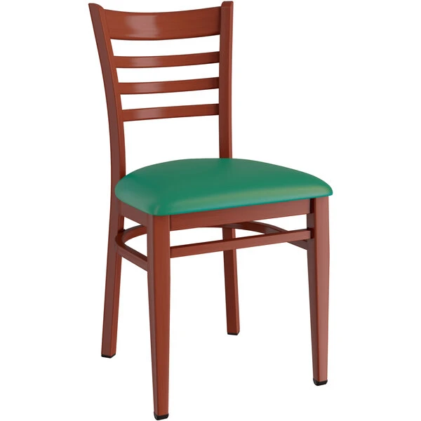 LT&S Spartan Series Lancaster Table & Seating Spartan Series Metal Ladder Back Chair With Mahogany Wood Grain Finish And Green Vinyl Seat 2 LT&S Spartan Series Lancaster Table & Seating Spartan Series Metal Ladder Back Chair With Mahogany Wood Grain Finish And Green Vinyl Seat - Image 2
