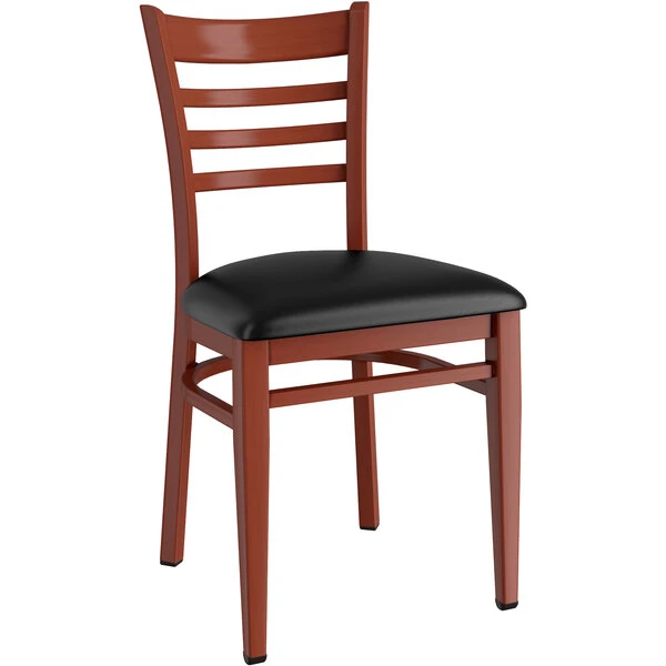 LT&S Spartan Series Lancaster Table & Seating Spartan Series Metal Ladder Back Chair With Mahogany Wood Grain Finish And Black Vinyl Seat 2 LT&S Spartan Series Lancaster Table & Seating Spartan Series Metal Ladder Back Chair With Mahogany Wood Grain Finish And Black Vinyl Seat - Image 2