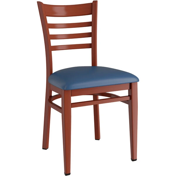 LT&S Spartan Series Lancaster Table & Seating Spartan Series Metal Ladder Back Chair With Mahogany Wood Grain Finish And Navy Vinyl Seat 2 LT&S Spartan Series Lancaster Table & Seating Spartan Series Metal Ladder Back Chair With Mahogany Wood Grain Finish And Navy Vinyl Seat - Image 2