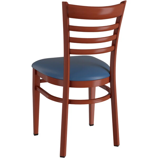 LT&S Spartan Series Lancaster Table & Seating Spartan Series Metal Ladder Back Chair With Mahogany Wood Grain Finish And Navy Vinyl Seat 3 LT&S Spartan Series Lancaster Table & Seating Spartan Series Metal Ladder Back Chair With Mahogany Wood Grain Finish And Navy Vinyl Seat - Image 3
