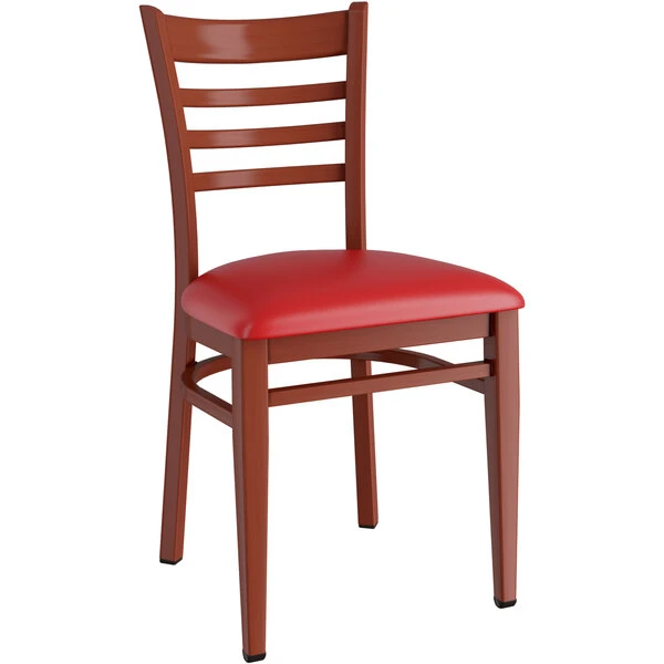 LT&S Spartan Series Lancaster Table & Seating Spartan Series Metal Ladder Back Chair With Mahogany Wood Grain Finish And Red Vinyl Seat 2 LT&S Spartan Series Lancaster Table & Seating Spartan Series Metal Ladder Back Chair With Mahogany Wood Grain Finish And Red Vinyl Seat - Image 2