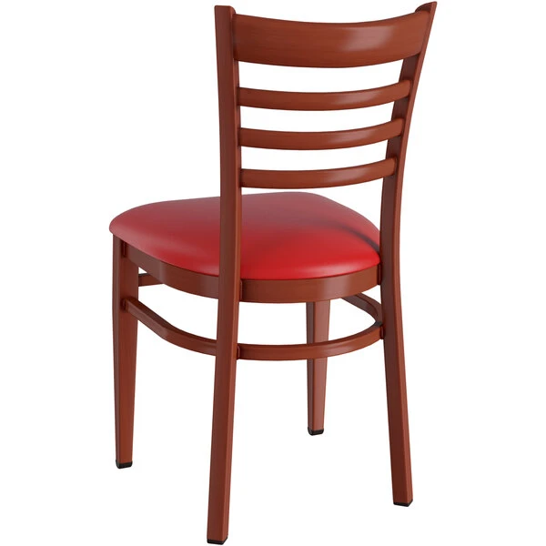 LT&S Spartan Series Lancaster Table & Seating Spartan Series Metal Ladder Back Chair With Mahogany Wood Grain Finish And Red Vinyl Seat 3 LT&S Spartan Series Lancaster Table & Seating Spartan Series Metal Ladder Back Chair With Mahogany Wood Grain Finish And Red Vinyl Seat - Image 3