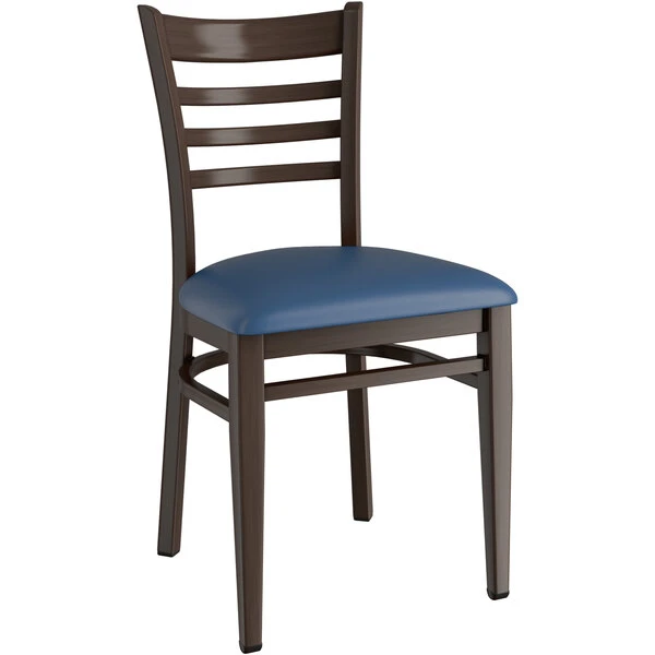 LT&S Spartan Series Lancaster Table & Seating Spartan Series Metal Ladder Back Chair With Walnut Wood Grain Finish And Navy Vinyl Seat 2 LT&S Spartan Series Lancaster Table & Seating Spartan Series Metal Ladder Back Chair With Walnut Wood Grain Finish And Navy Vinyl Seat - Image 2