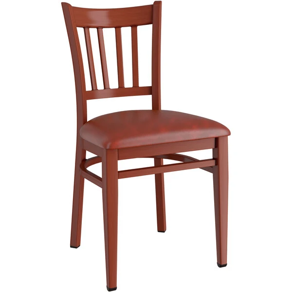 LT&S Spartan Series Lancaster Table & Seating Spartan Series Metal Slat Back Chair With Mahogany Wood Grain Finish And Burgundy Vinyl Seat 2 LT&S Spartan Series Lancaster Table & Seating Spartan Series Metal Slat Back Chair With Mahogany Wood Grain Finish And Burgundy Vinyl Seat - Image 2