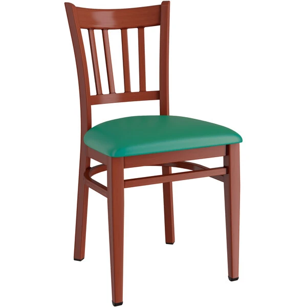 LT&S Spartan Series Lancaster Table & Seating Spartan Series Metal Slat Back Chair With Mahogany Wood Grain Finish And Green Vinyl Seat 2 LT&S Spartan Series Lancaster Table & Seating Spartan Series Metal Slat Back Chair With Mahogany Wood Grain Finish And Green Vinyl Seat - Image 2