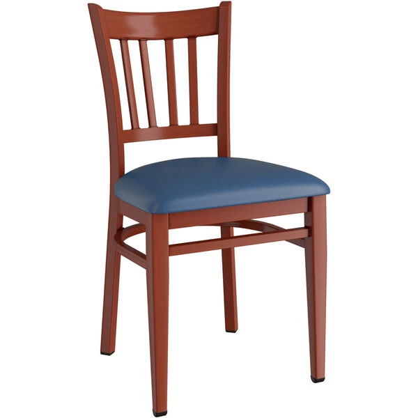 LT&S Spartan Series Lancaster Table & Seating Spartan Series Metal Slat Back Chair With Mahogany Wood Grain Finish And Navy Vinyl Seat 2 LT&S Spartan Series Lancaster Table & Seating Spartan Series Metal Slat Back Chair With Mahogany Wood Grain Finish And Navy Vinyl Seat - Image 2