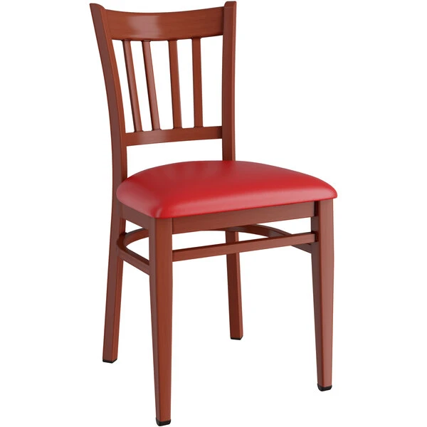 LT&S Spartan Series Lancaster Table & Seating Spartan Series Metal Slat Back Chair With Mahogany Wood Grain Finish And Red Vinyl Seat 2 LT&S Spartan Series Lancaster Table & Seating Spartan Series Metal Slat Back Chair With Mahogany Wood Grain Finish And Red Vinyl Seat - Image 2