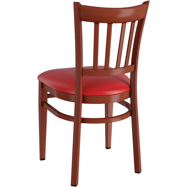 LT&S Spartan Series Lancaster Table & Seating Spartan Series Metal Slat Back Chair With Mahogany Wood Grain Finish And Red Vinyl Seat 3 LT&S Spartan Series Lancaster Table & Seating Spartan Series Metal Slat Back Chair With Mahogany Wood Grain Finish And Red Vinyl Seat - Image 3