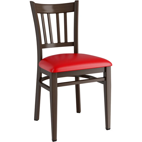 LT&S Spartan Series Lancaster Table & Seating Spartan Series Metal Slat Back Chair With Walnut Wood Grain Finish And Red Vinyl Seat 2 LT&S Spartan Series Lancaster Table & Seating Spartan Series Metal Slat Back Chair With Walnut Wood Grain Finish And Red Vinyl Seat - Image 2