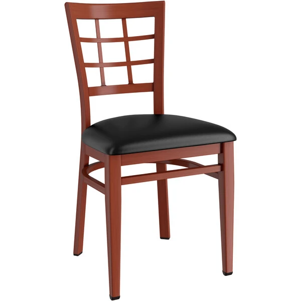 LT&S Spartan Series Lancaster Table & Seating Spartan Series Metal Window Back Chair With Mahogany Wood Grain Finish And Black Vinyl Seat 2 LT&S Spartan Series Lancaster Table & Seating Spartan Series Metal Window Back Chair With Mahogany Wood Grain Finish And Black Vinyl Seat - Image 2